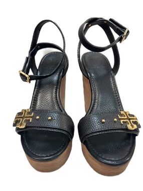Tory Burch Black Leather Platform Ankle-Strap Sandals ELINA